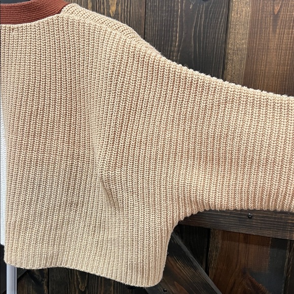 Oversized Cardigan M Colorblock Crop Neutral Brown Preppy Academia Chunky Knit - Picture 7 of 8